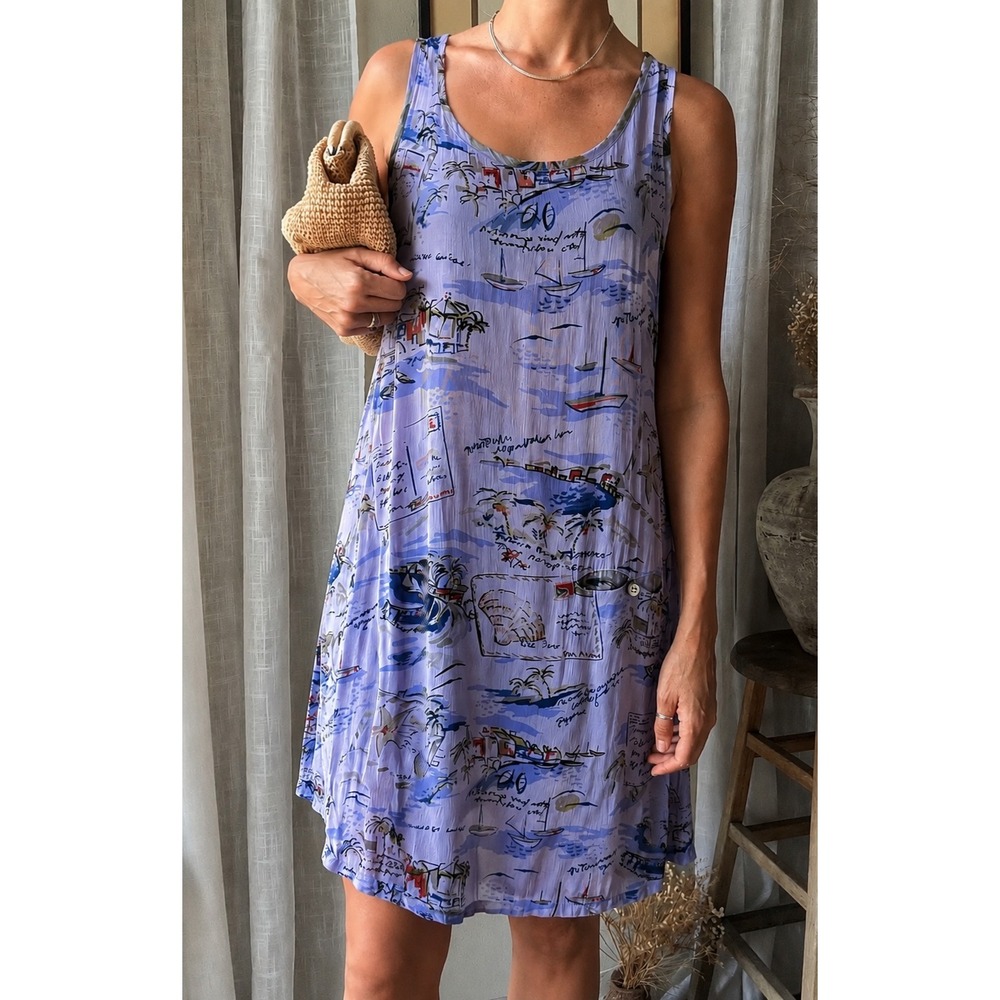 Vintage Resort Tank Dress French Riviera Print Sz M Line Two Rayon Nautical 90s
